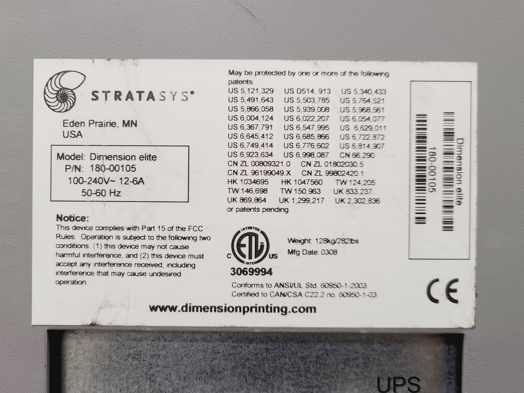 Image of Stratasys Dimension Elite 3D Printer PN - 180-00105 Spares/Repair