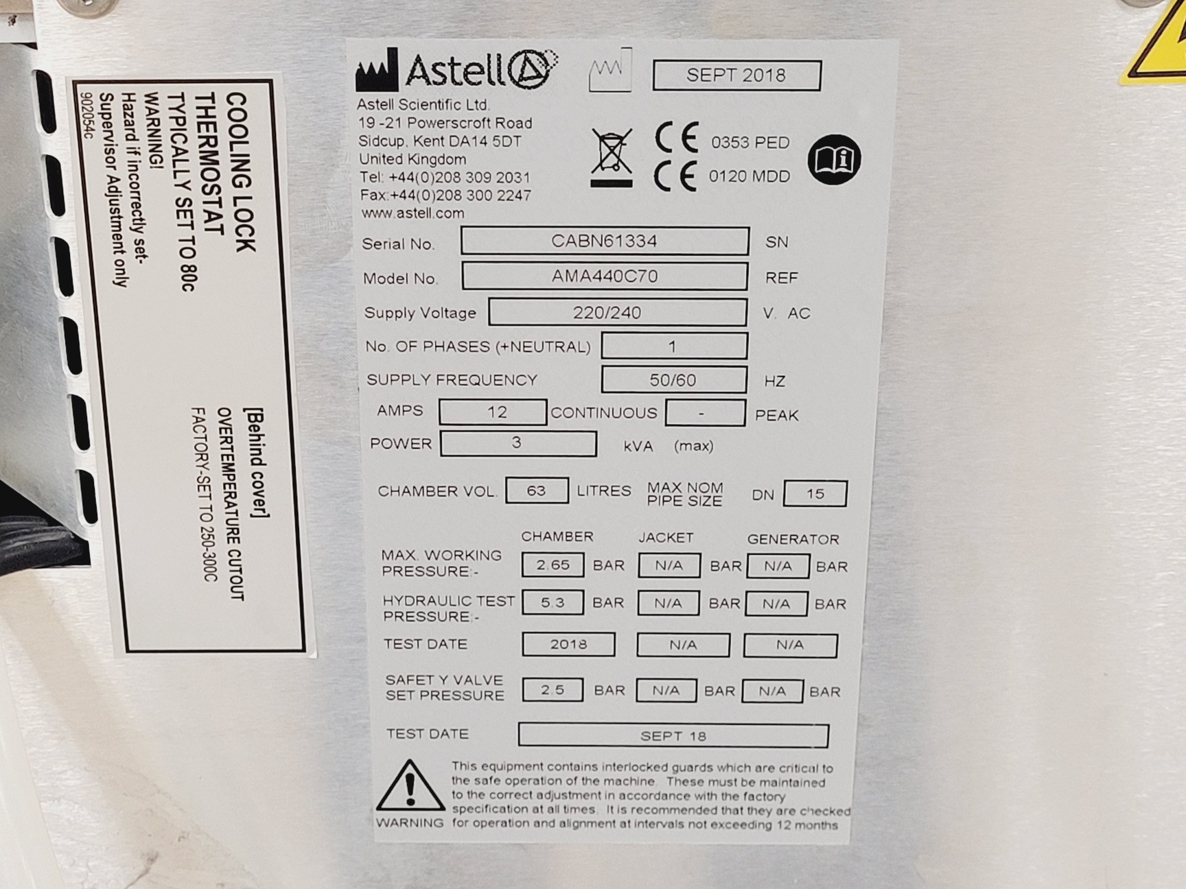 Image of Astell AMA440C70 Top Loading 63L Autoclave Lab