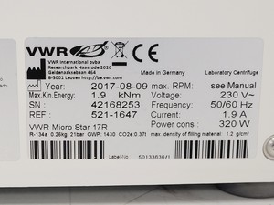 Thumbnail image of VWR Micro Star 17R Benchtop Centrifuge w/ 75003423 Rotor 1480 RPM Lab