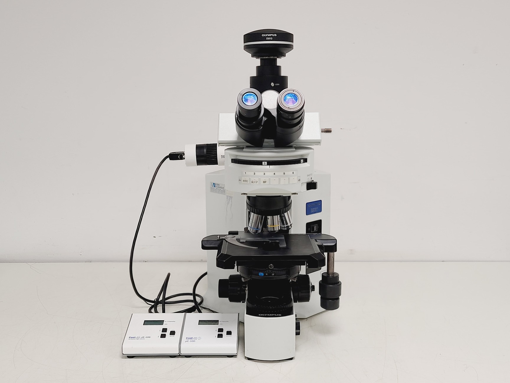 Image of Olympus BX51 Microscope w. 2x pE-100 CoolLED Heads and Combiner