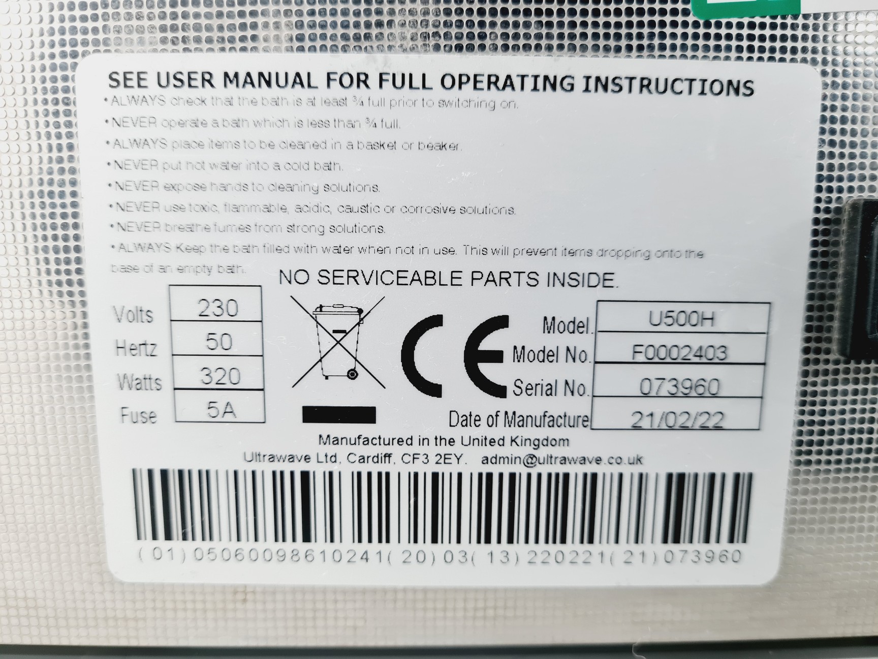 Image of Ultra Wave U series U500H Heated Ultrasonic Cleaning Water Bath (2022) Lab