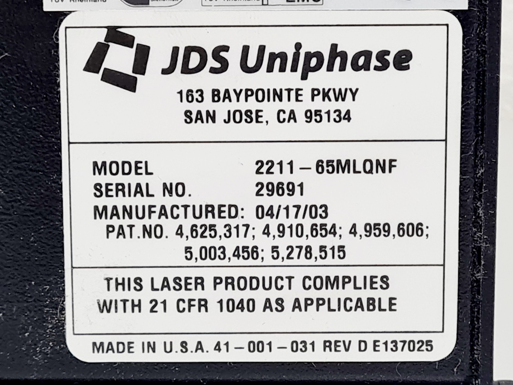 Image of JDS Uniphase Air Cooled Argon-Ion Laser Head Model: 2211-65MLQNF with PSU
