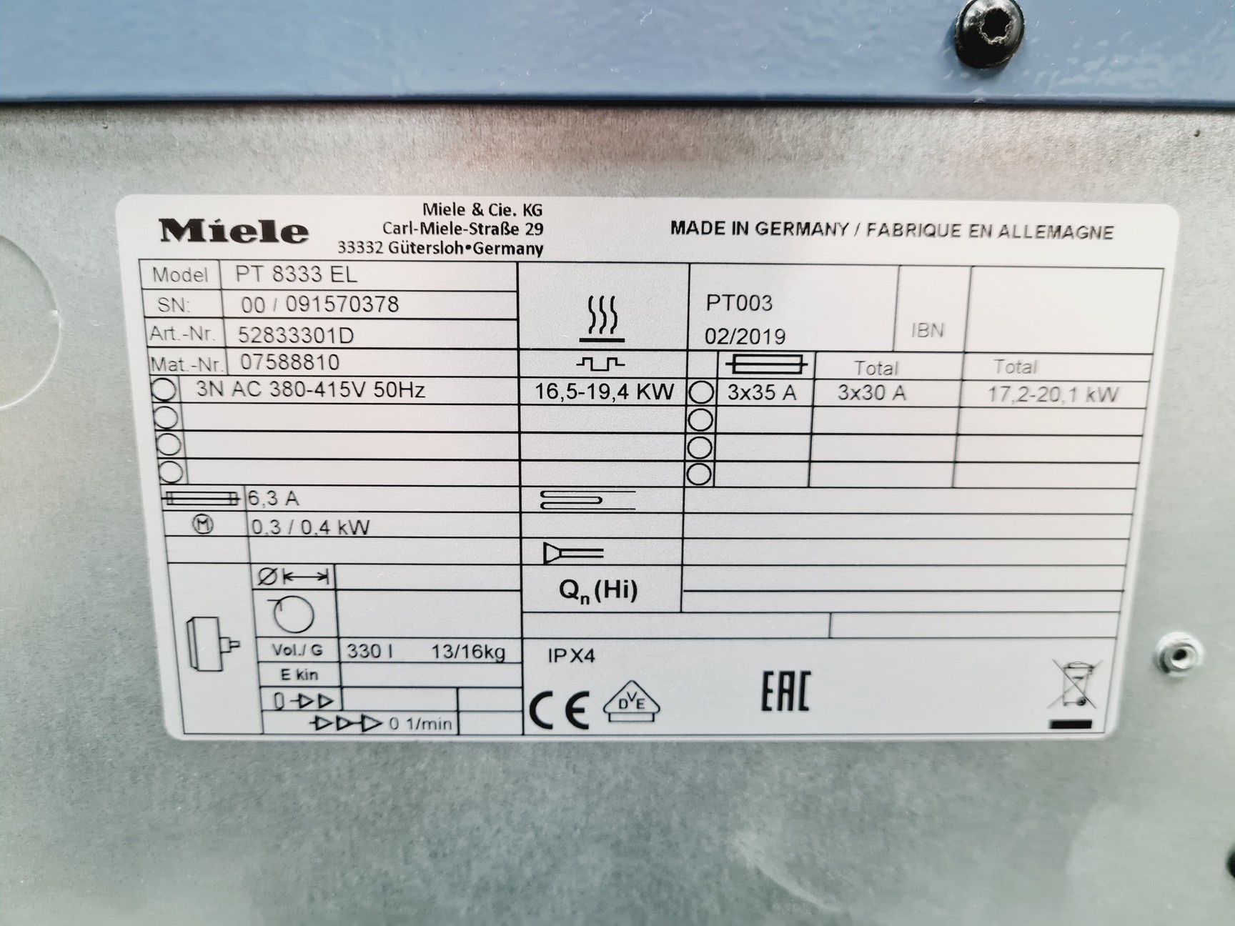 Image of Miele Professional PT 833 EL Industrial Tumble Dryer