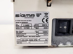 Thumbnail image of Sigma 1-14 Benchtop Centrifuge w/ Rotor 14800 RPM