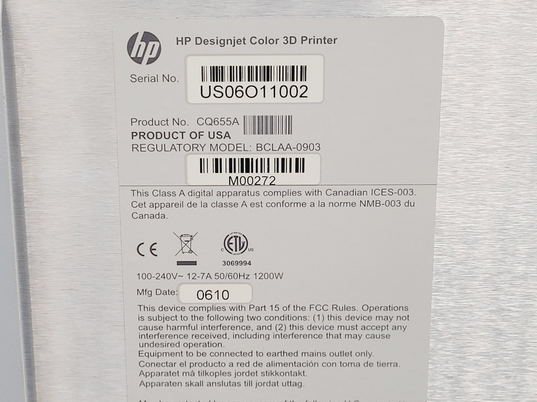 Image of HP Designjet Colour 3D Printer Regulatory Model BCLAA-0903
