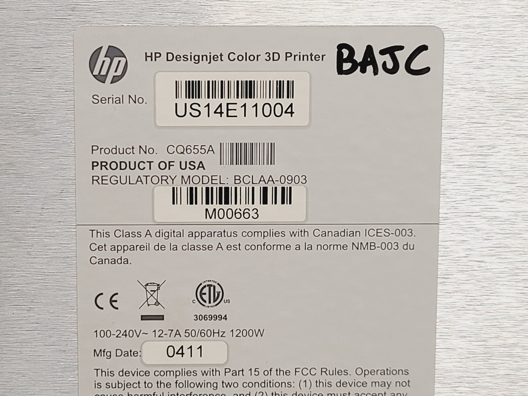 Image of HP Designjet Colour 3D Printer Regulatory Model BCLAA-0903