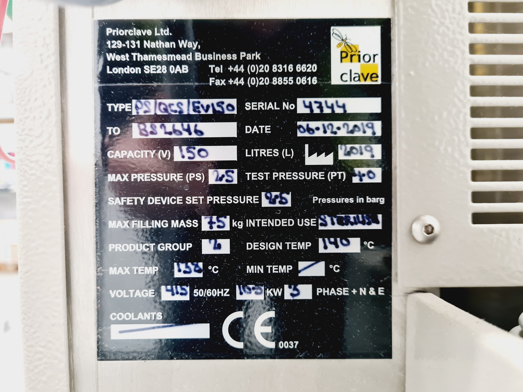 Image of Priorclave PS/QCS/EV150 Autoclave 