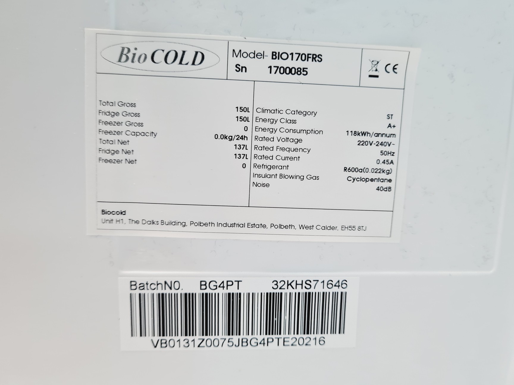 Image of Bio Cold BIO170FRS Spark Free Fridge