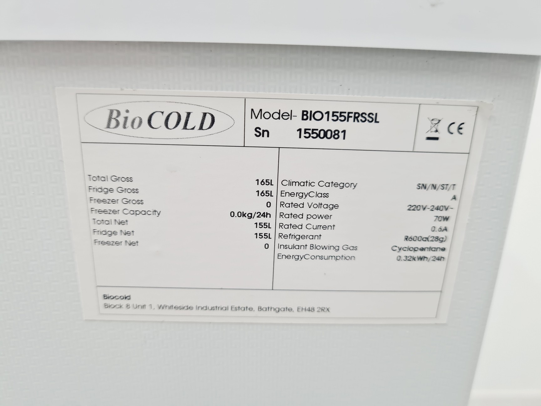 Image of Bio Cold BIO155FRSSL Spark Free Fridge Lab Spares/Repairs