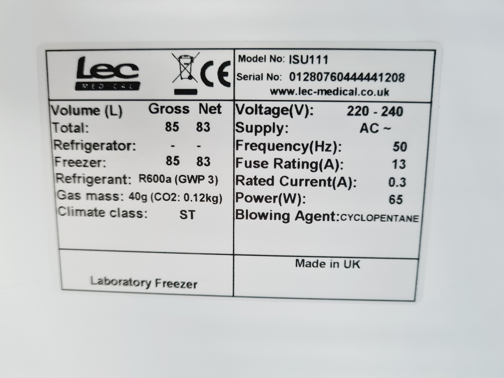 Image of LEC+ Laboratory Medical Freezer ISU1111 Lab