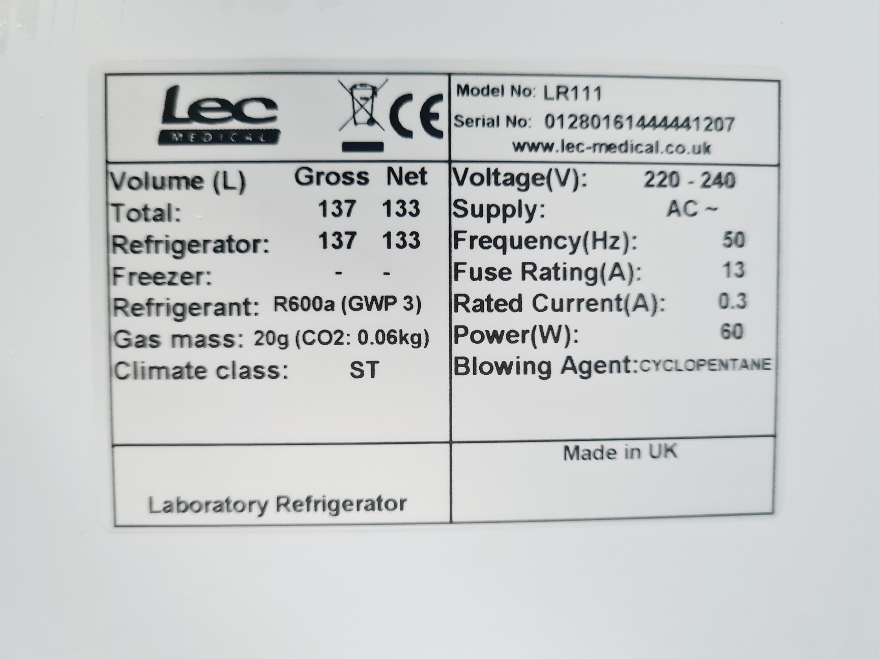 Image of LEC+ Laboratory Medical Fridge LR111 Lab