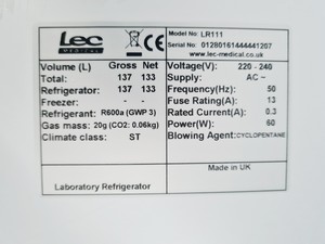 Thumbnail image of LEC+ Laboratory Medical Fridge LR111 Lab