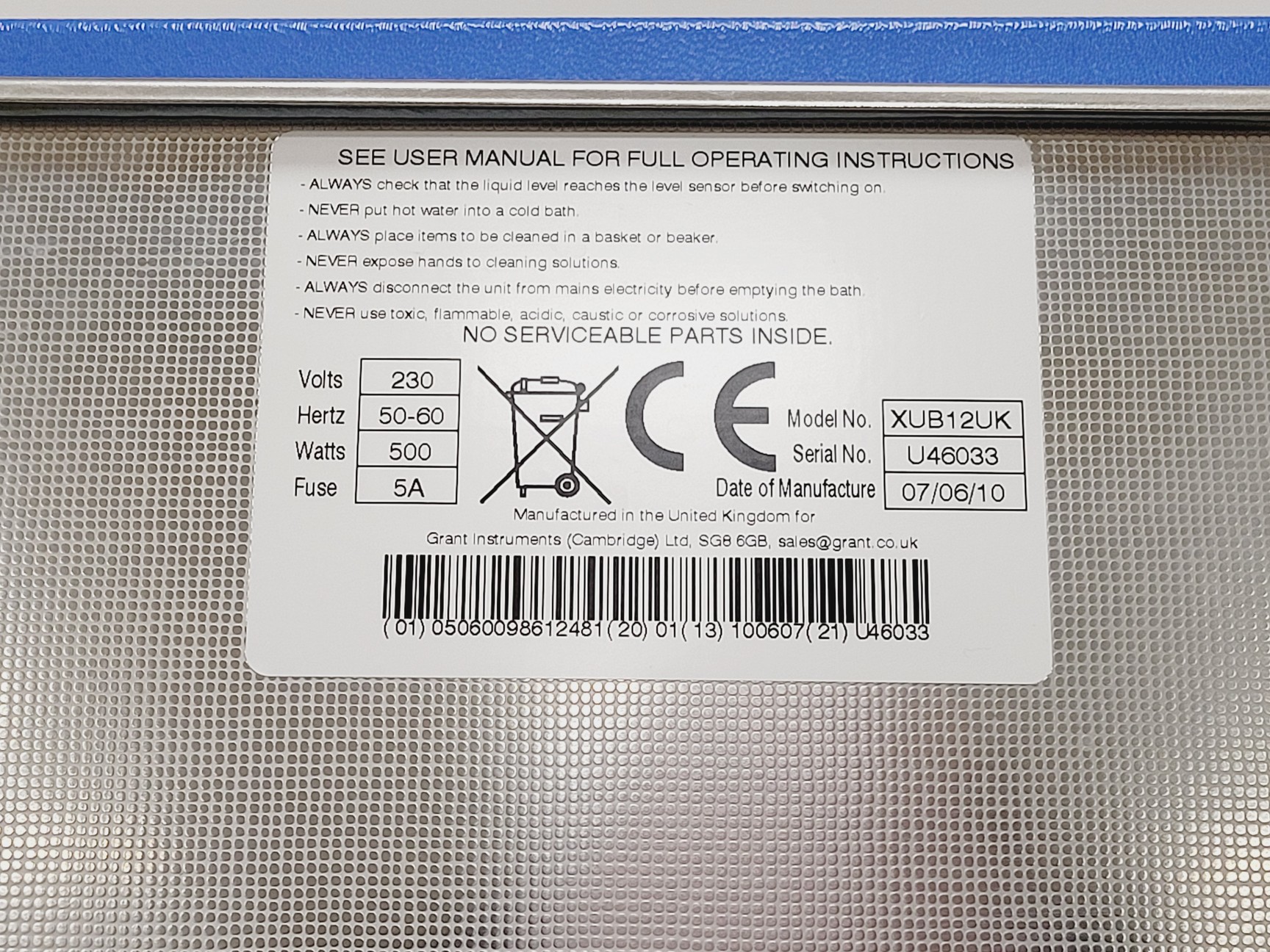 Image of Grant XUB12UK Ultrasonic Water Bath