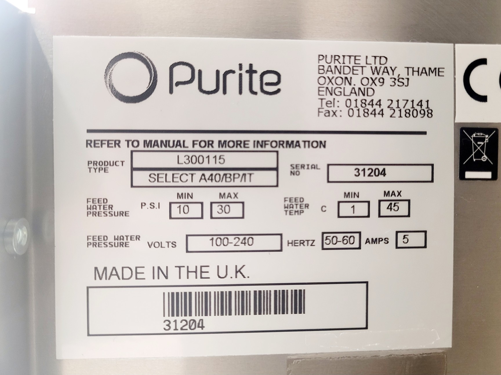 Image of Purite Select A40/BP/IT L300115 Water Purification System w/ Accessories Lab