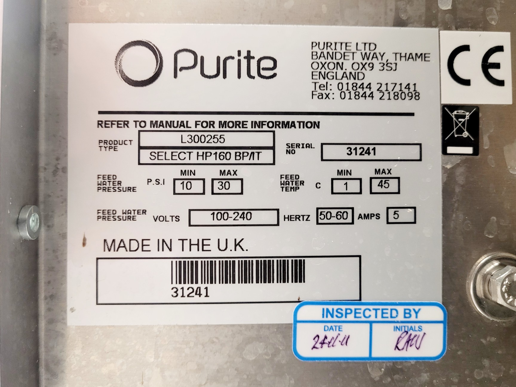 Image of Purite HP160 BP/IT L300255 Water Purification System w/ Accessories Lab