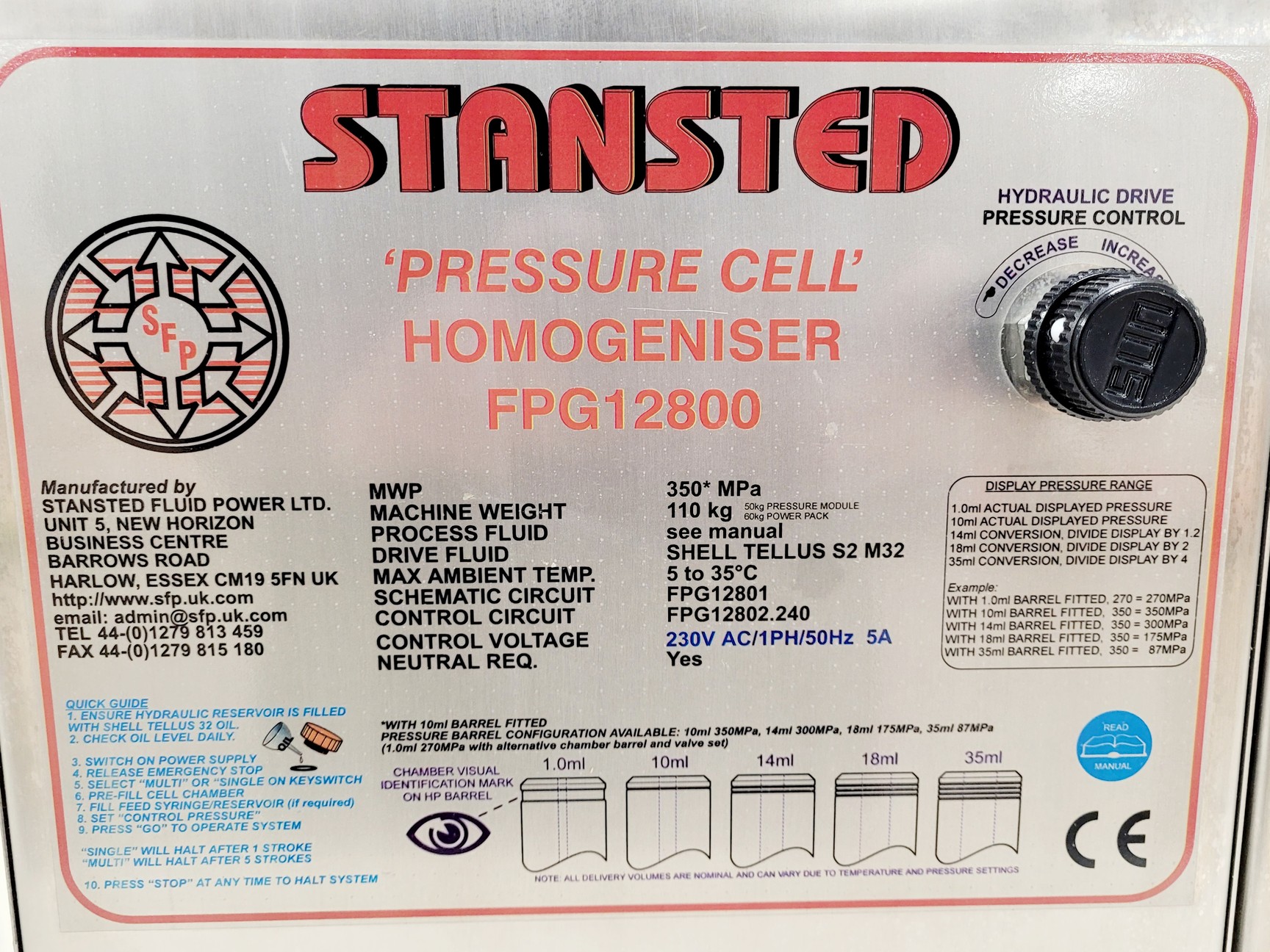 Image of Stansted Fluid Power FPG12800 Pressure Cell Homogeniser 10ml Lab