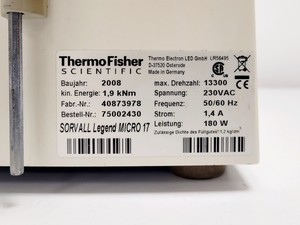 Thumbnail image of Thermo Scientific Legend Micro 17 Benchtop Centrifuge w/ 75003424 Rotor Lab