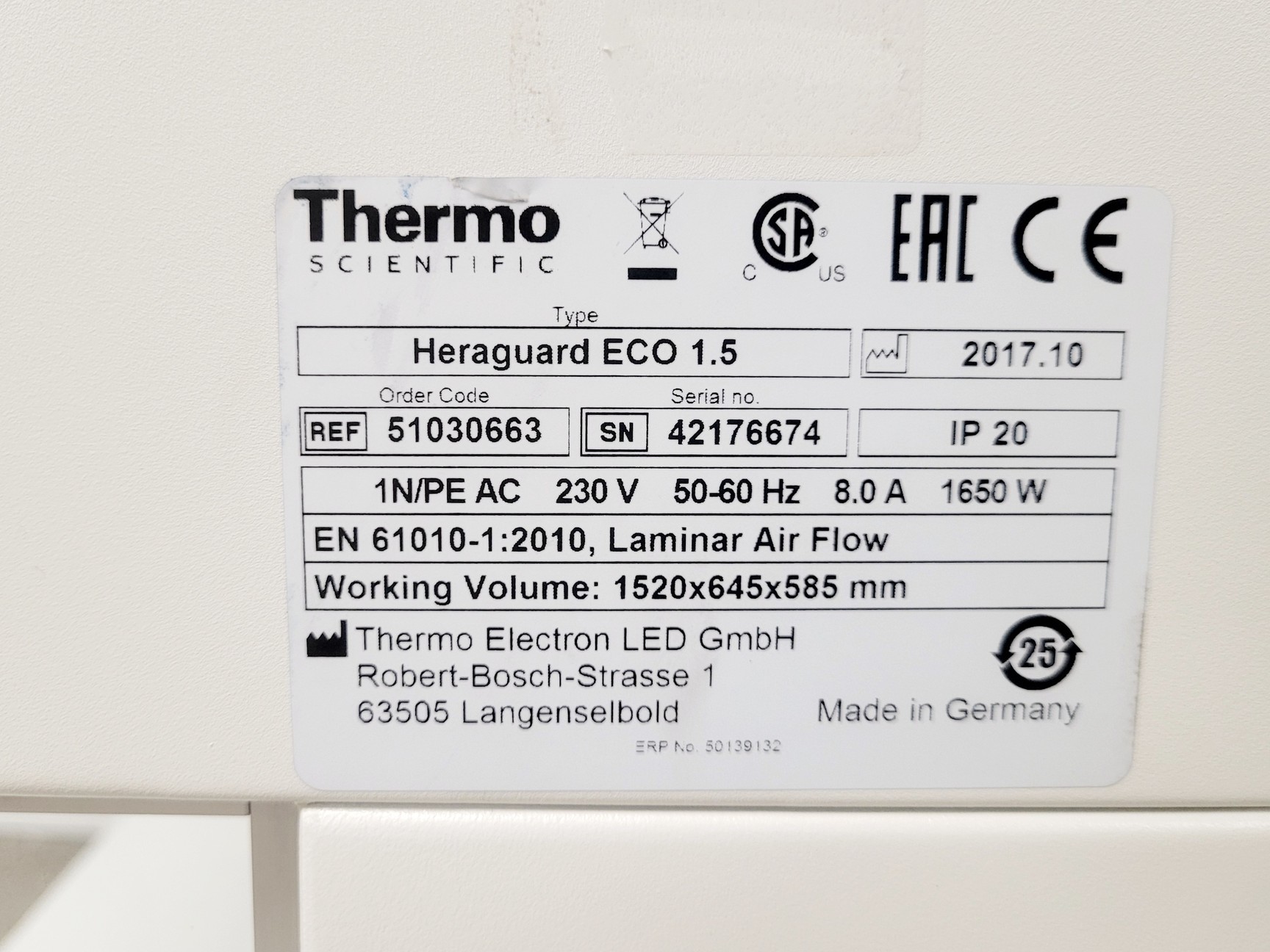 Image of Thermo Scientific HERAGuard Eco 1.5 Clean Bench 2017 Lab