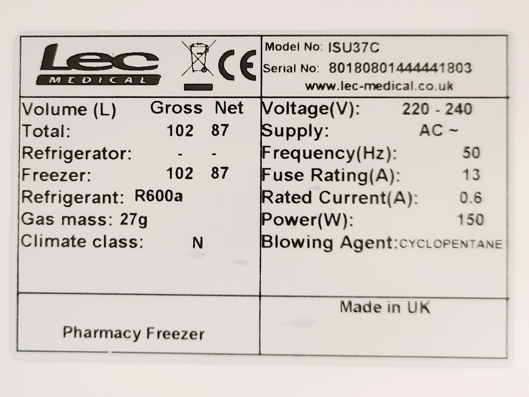 Image of Lec Medical Pharmacy Freezer Model ISU37C