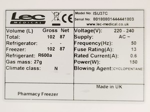 Thumbnail image of Lec Medical Pharmacy Freezer Model ISU37C
