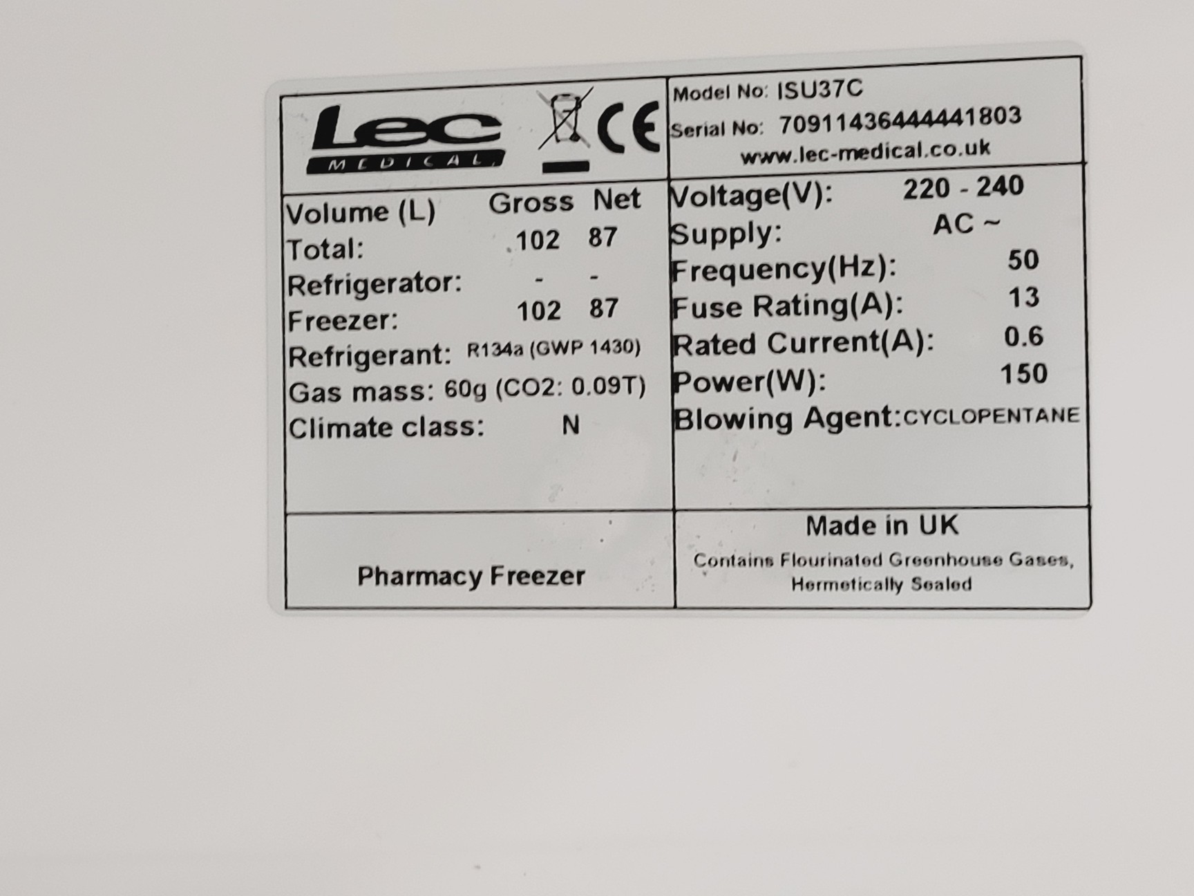 Image of Lec Medical Pharmacy Freezer Model ISU37C