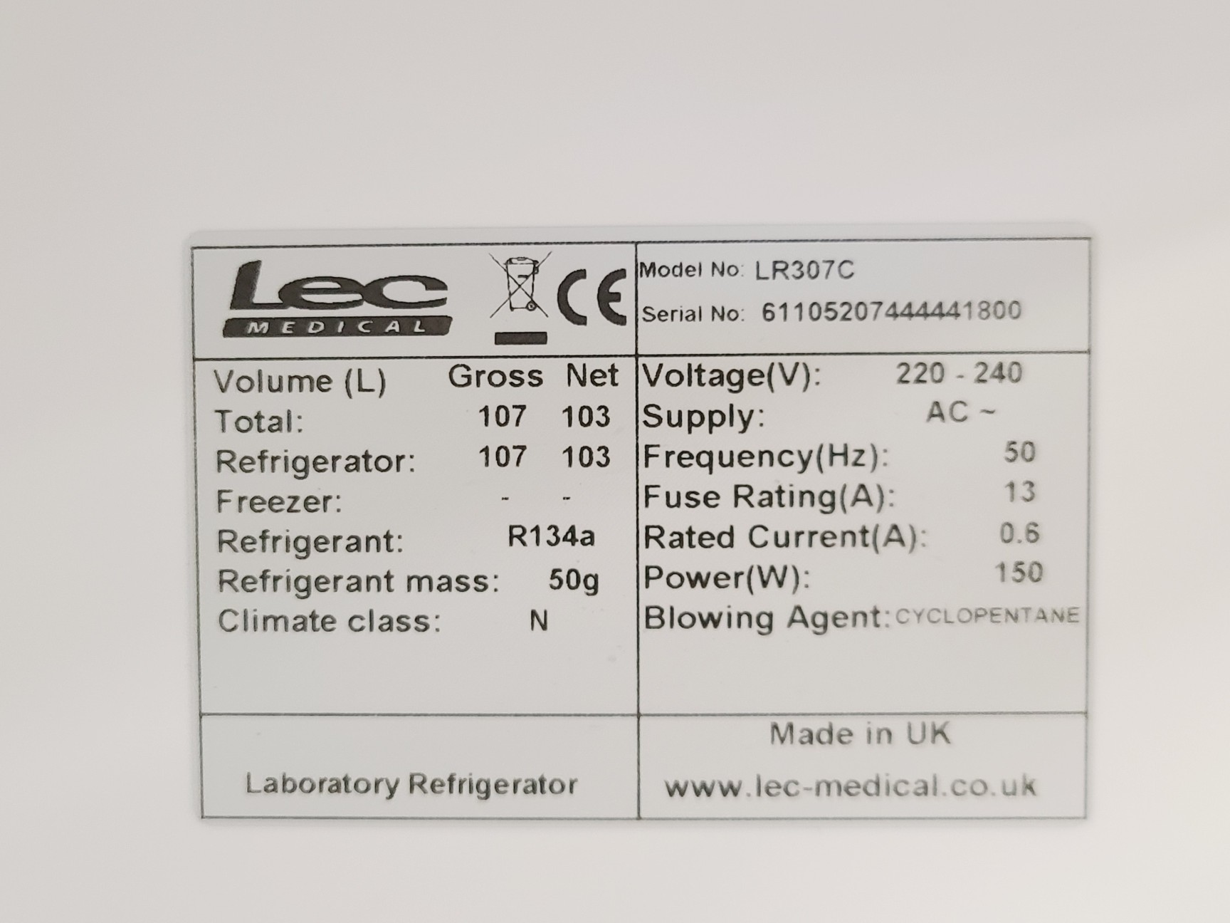 Image of Lec Medical Laboratory Refrigerator Model LR307C