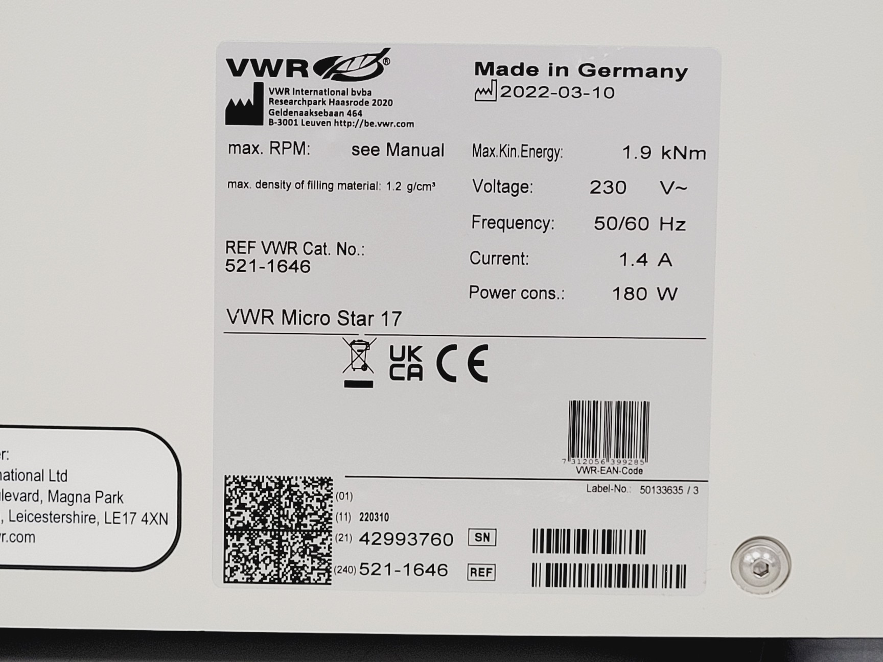 Image of VWR Microstar 17 Benchtop Centrifuge w/ Ch.500090 PP Rotor 14800 RPM Lab