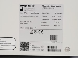 Thumbnail image of VWR Microstar 17 Benchtop Centrifuge w/ Ch.500090 PP Rotor 14800 RPM Lab