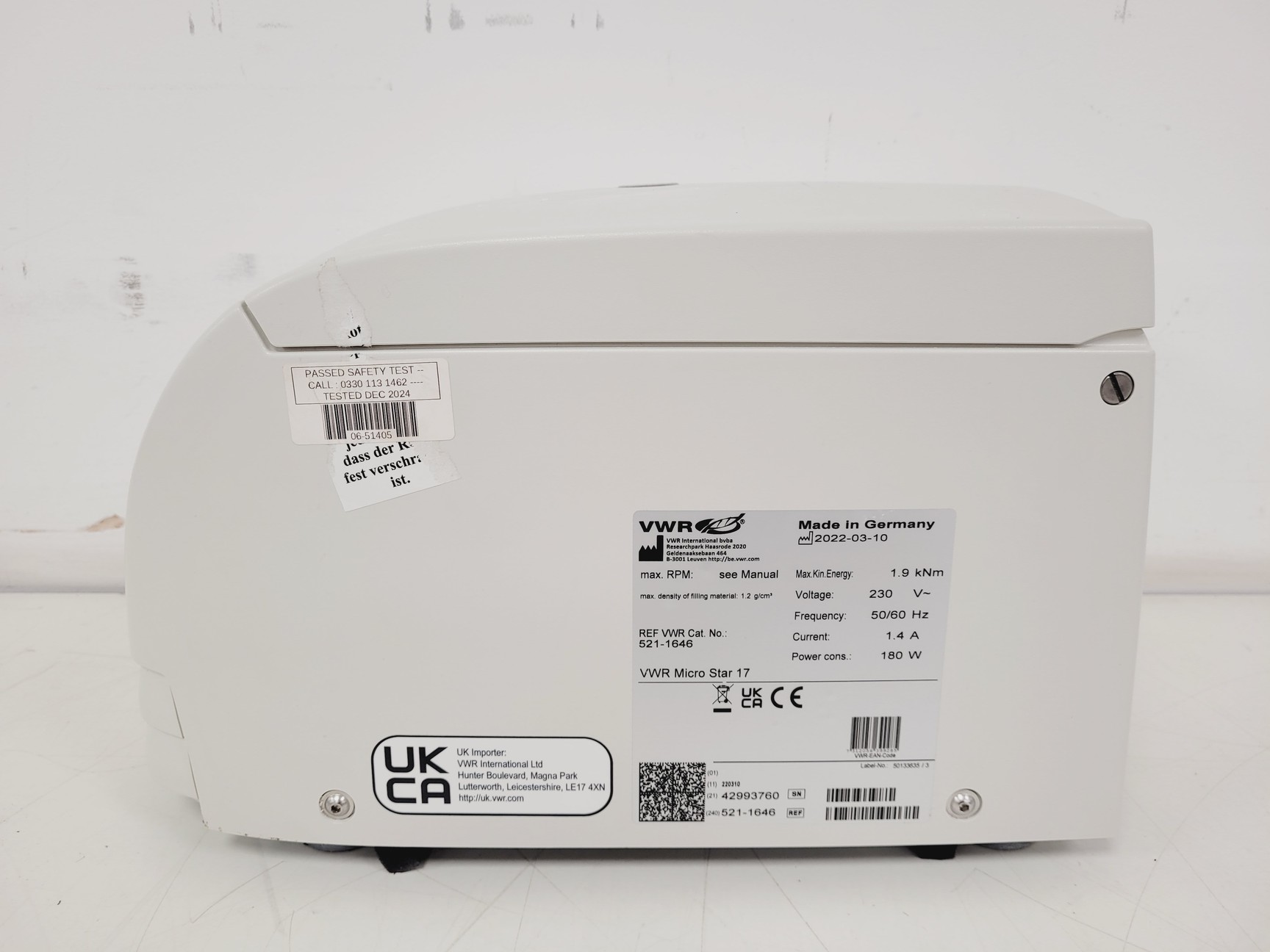 Image of VWR Microstar 17 Benchtop Centrifuge w/ Ch.500090 PP Rotor 14800 RPM Lab