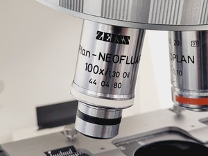 Thumbnail image of Carl Zeiss Axioplan Compound Microscope w/ 3 x Objectives 4x/10x/100x