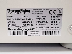 Thumbnail image of Thermo Fisher Scientific Heraeus Megafuge 40R Benchtop Centrifuge