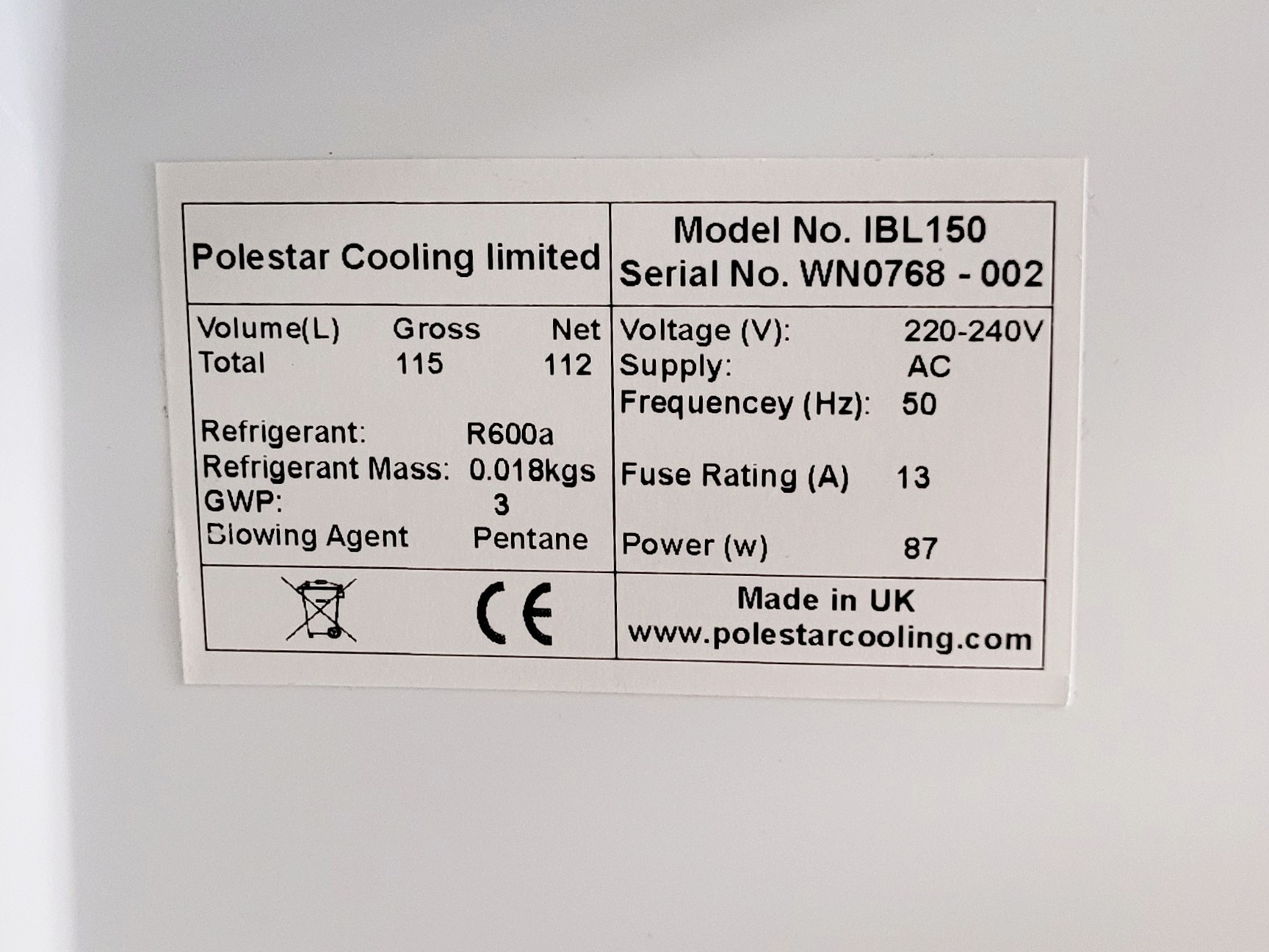 Image of Polestar Cooling IBL150 Laboratory Fridge