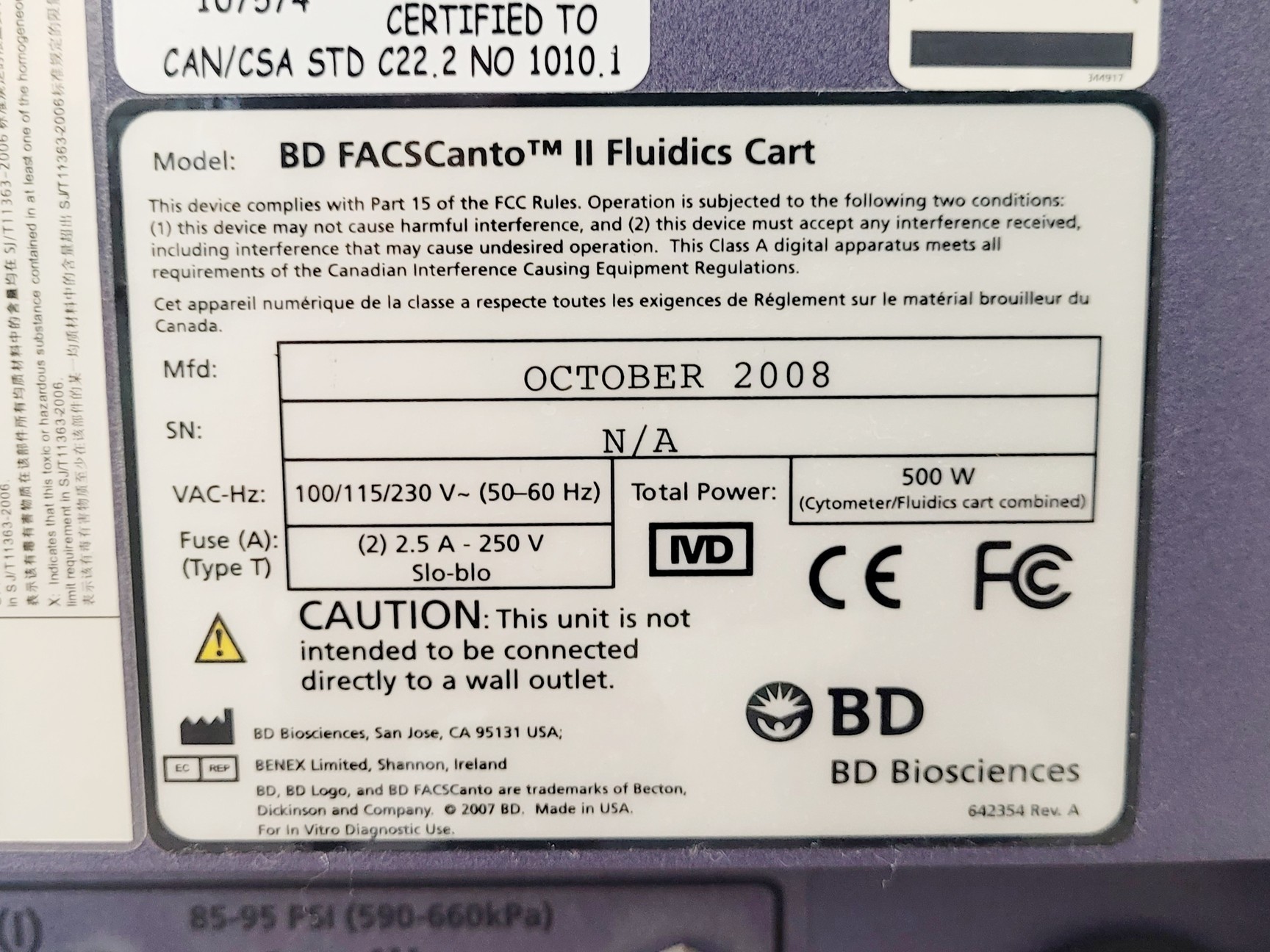 Image of BD FACSCanto II Flow Cytometer w/ Fluidics Cart Lab