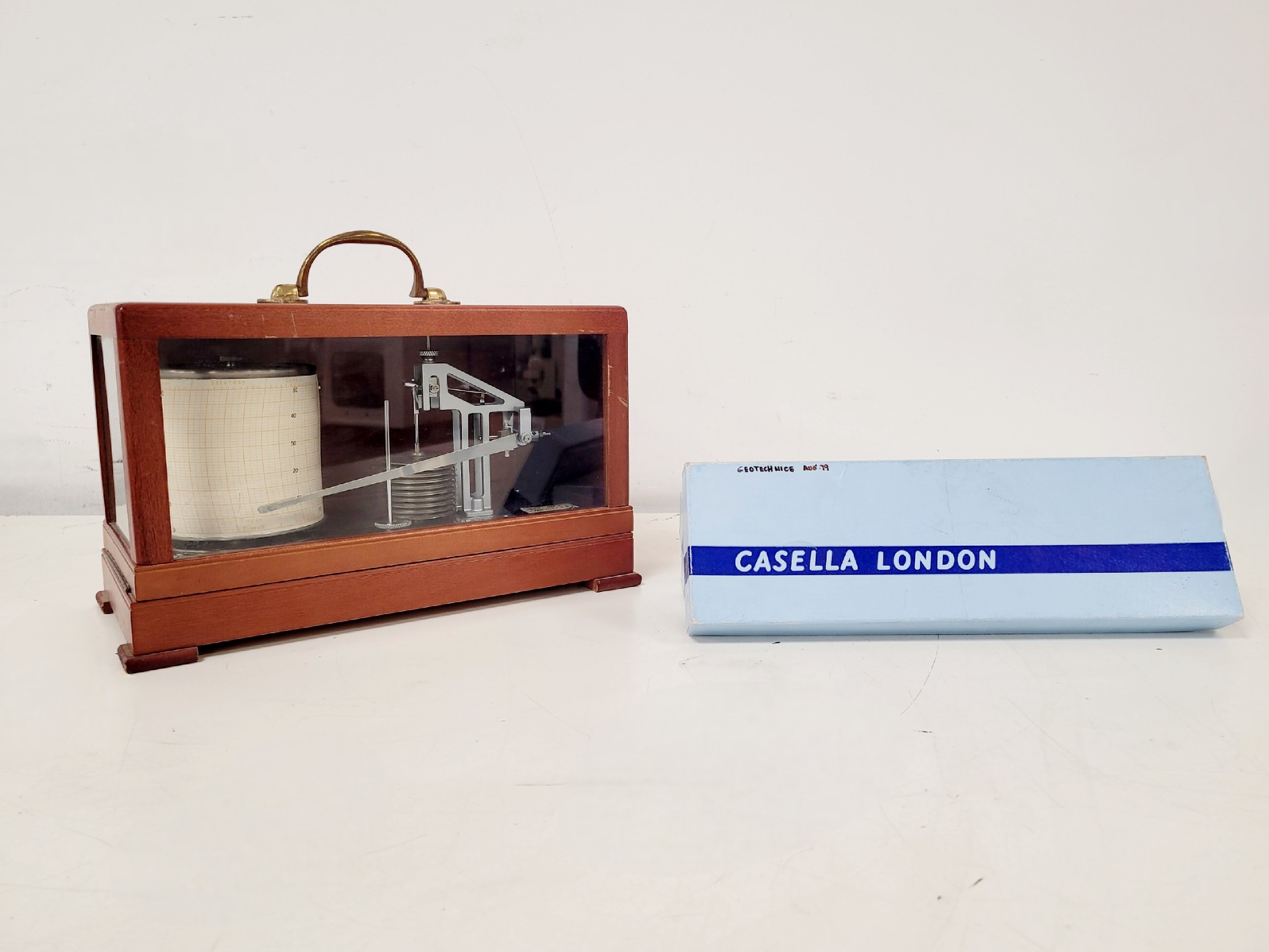 Image of Casella London Antique Barograph in Polished Mahogany Case w/ 3 x Chart Papers