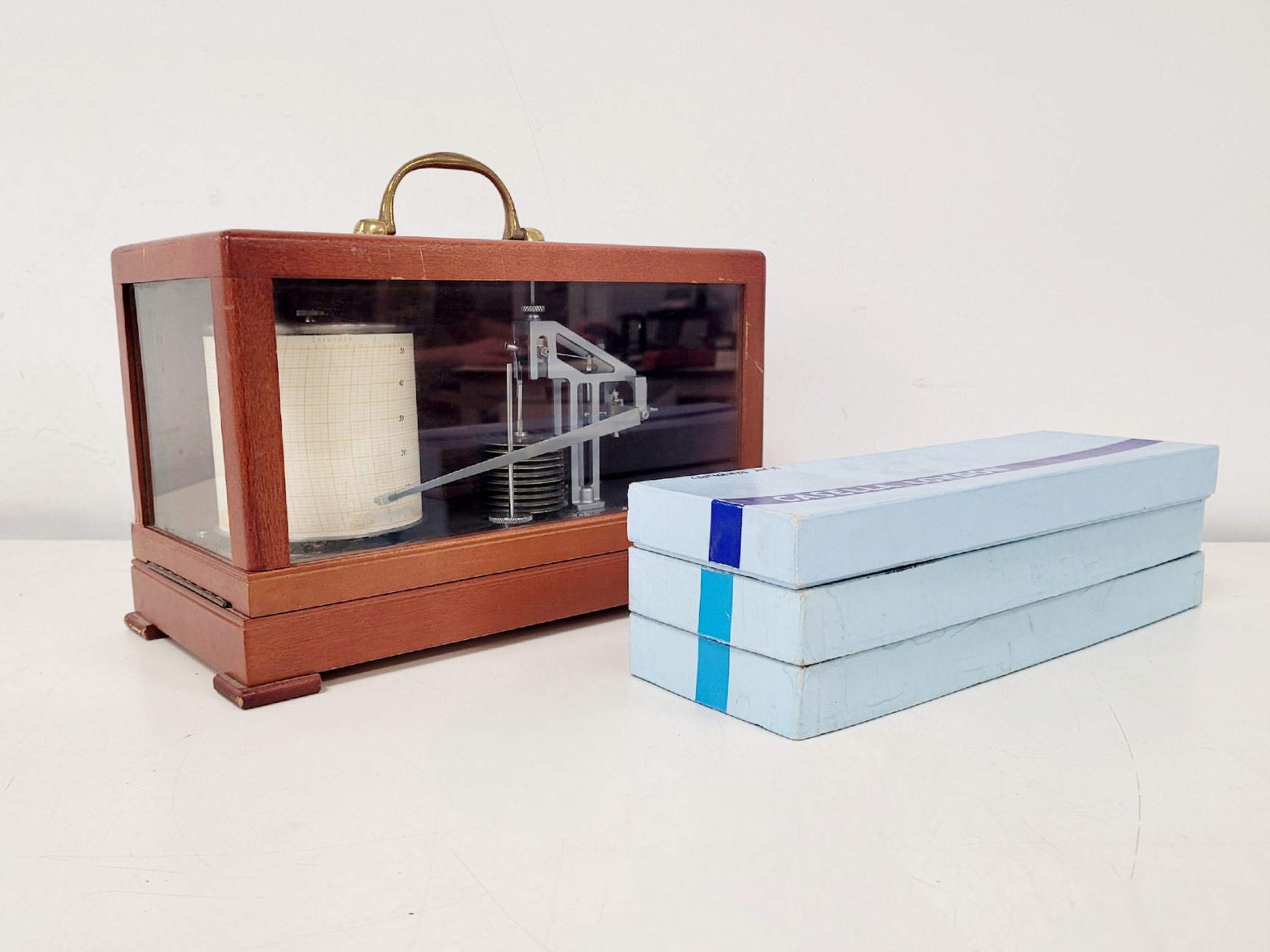 Image of Casella London Antique Barograph in Polished Mahogany Case w/ 3 x Chart Papers