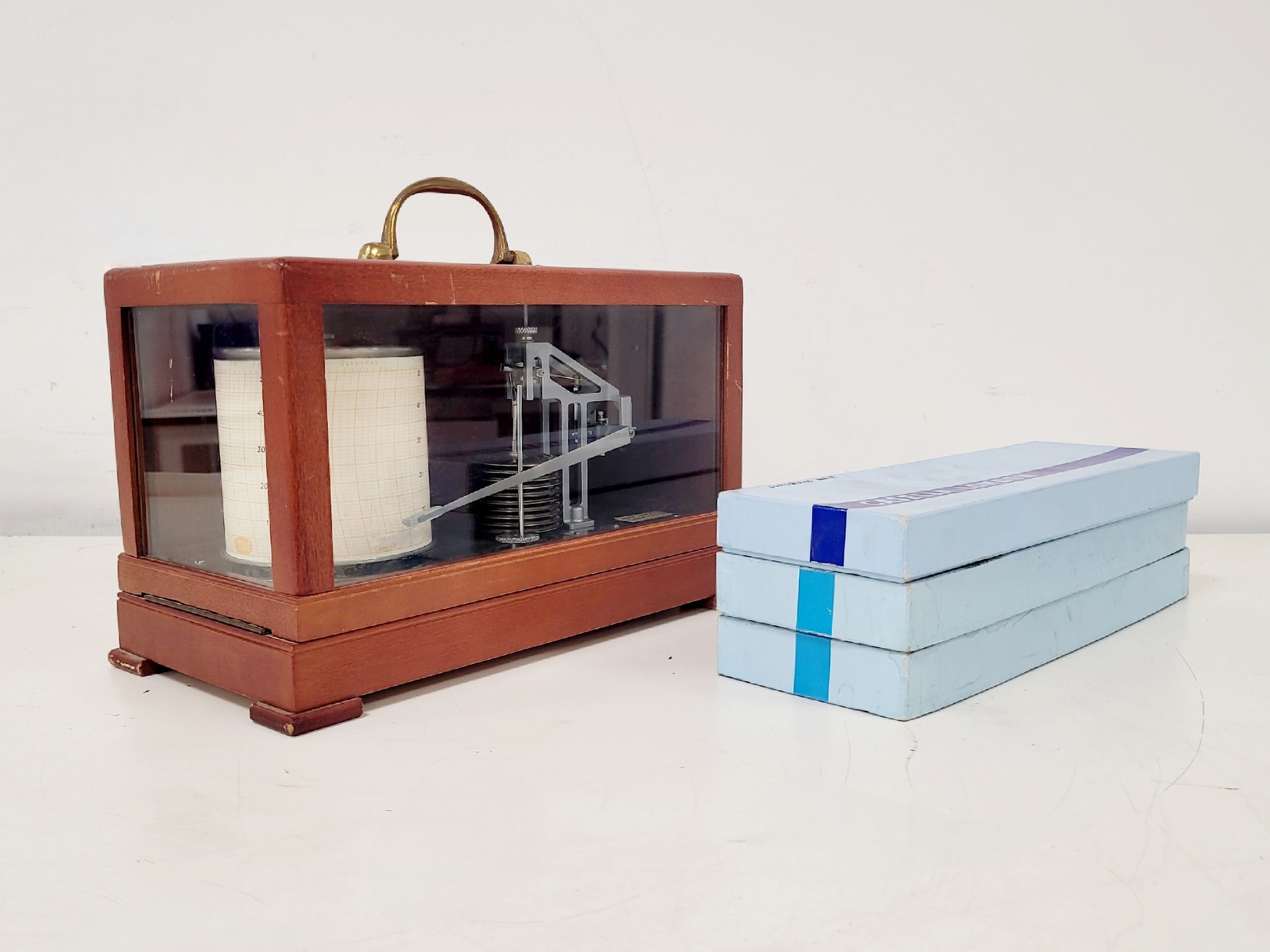 Image of Casella London Antique Barograph in Polished Mahogany Case w/ 3 x Chart Papers