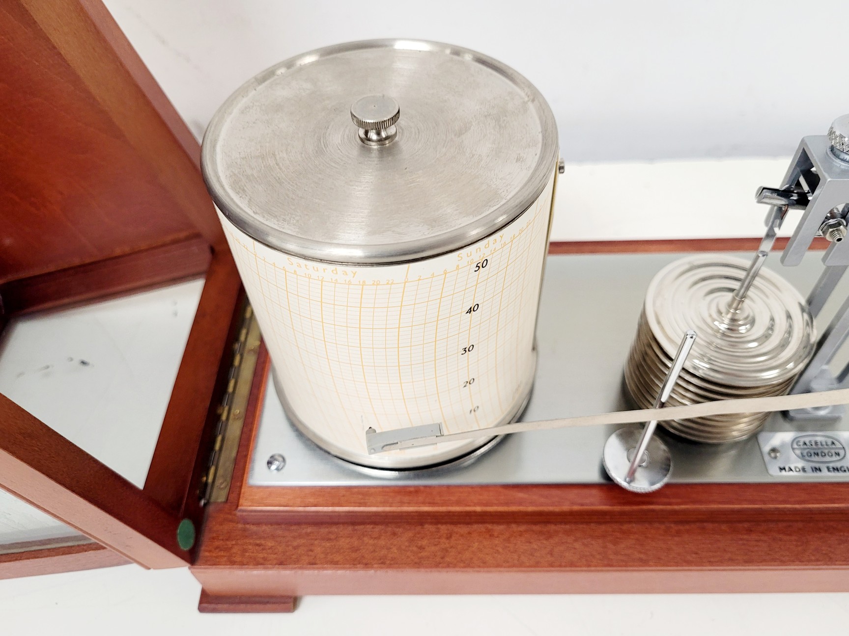 Image of Casella London Antique Barograph in Polished Mahogany Case w/ 3 x Chart Papers
