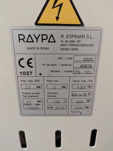 Thumbnail image of Raypa CFS-V150 Food Autoclave 150L Counter Pressure Retort Steriliser System Lab