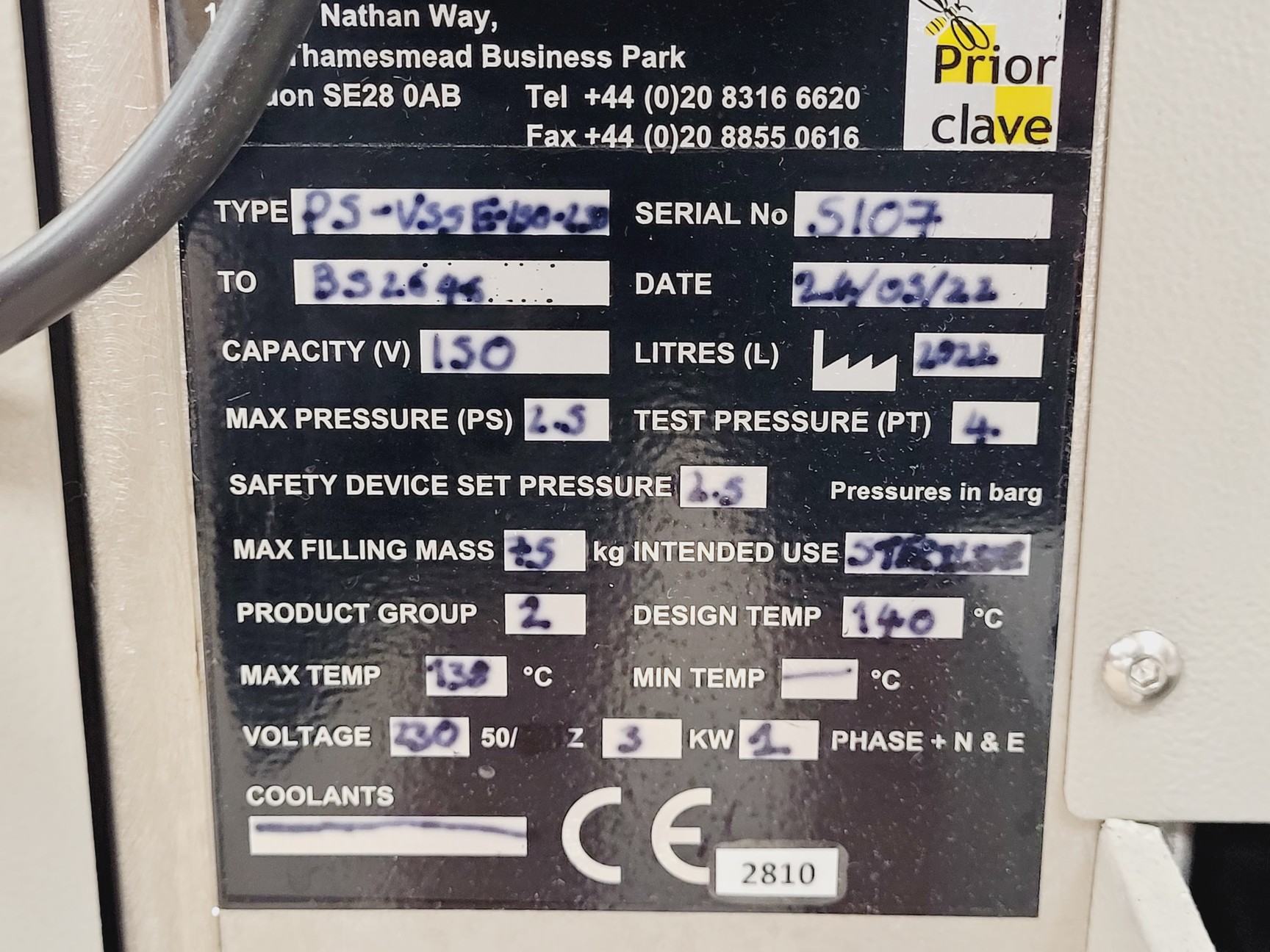 Image of Priorclave P5-V55/E150 Autoclave 150L