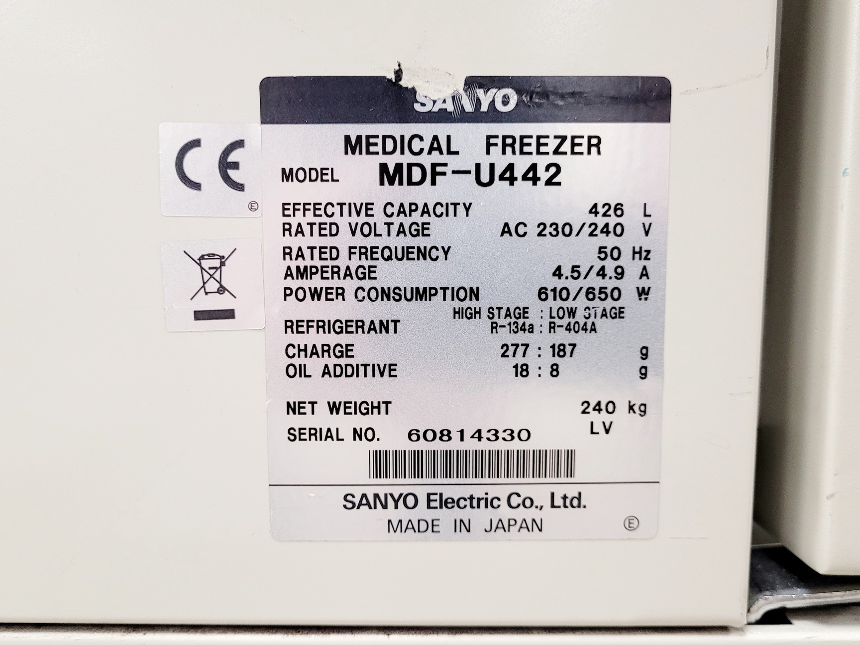 Image of Sanyo MDF-U442 Medical Freezer -49ºc Ultra Low Temperature Lab
