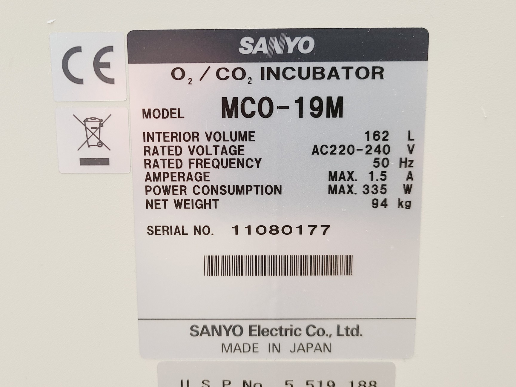 Image of Sanyo O2/CO2 MCO-19M Incubator Lab