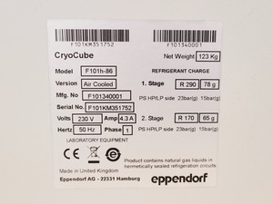 Thumbnail image of Eppendorf CryoCube F101h-86 Ultra-Low Temperature Freezer Lab