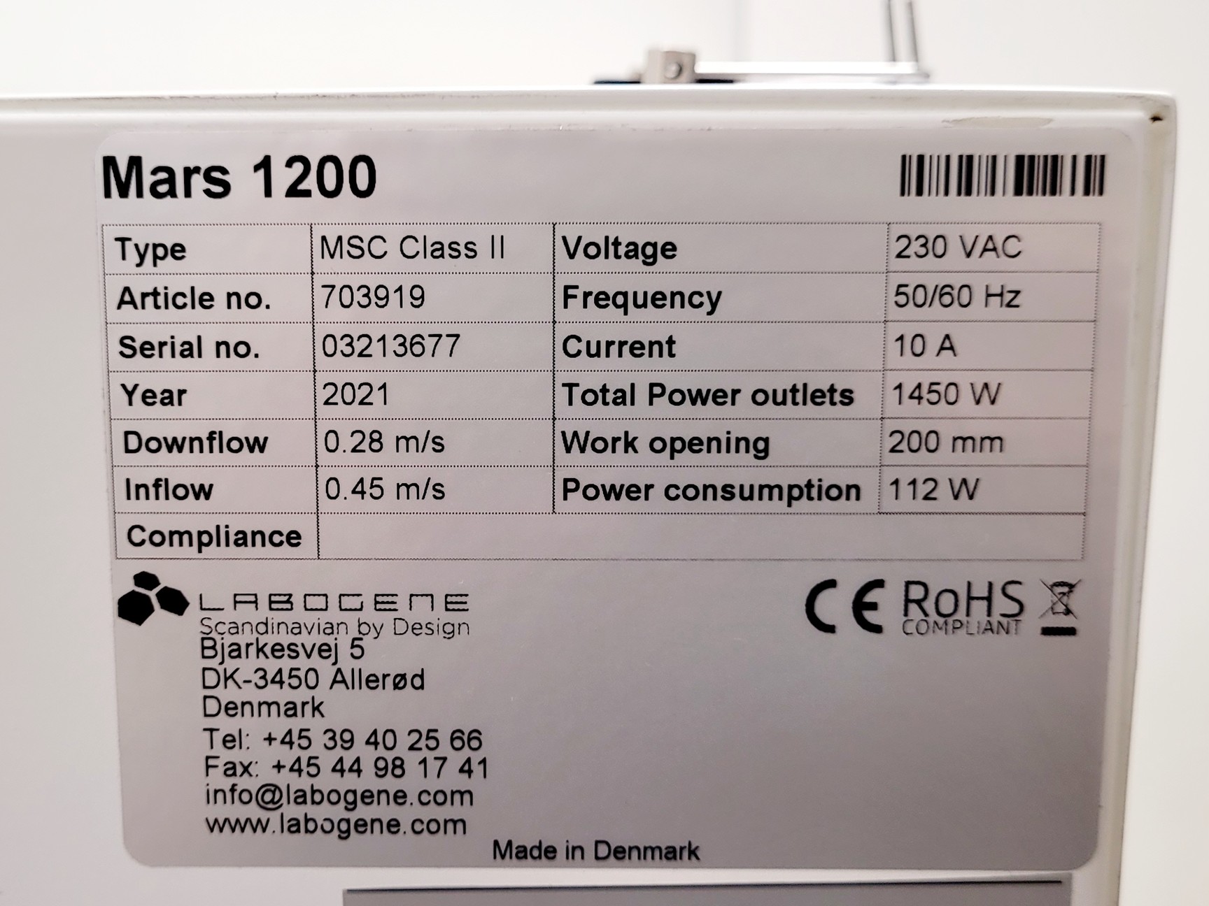 Image of Labogene Scanlaf Mars 1200 Class II Biological Safety Cabinet w/ Stand