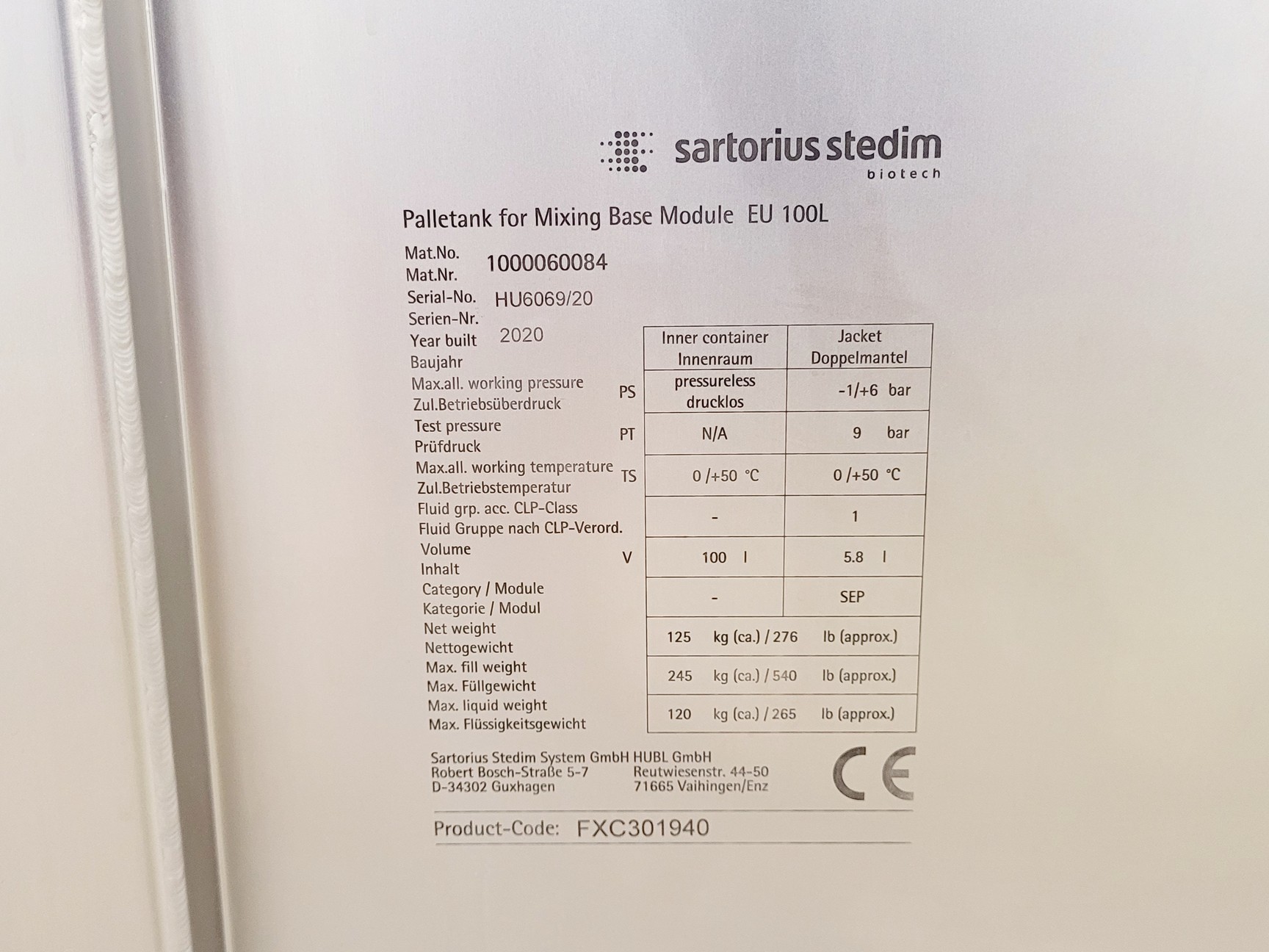 Image of Sartorius Stedim 100L Pallet Tank, Base Frame and Pro Mixer Drive Unit (2020)