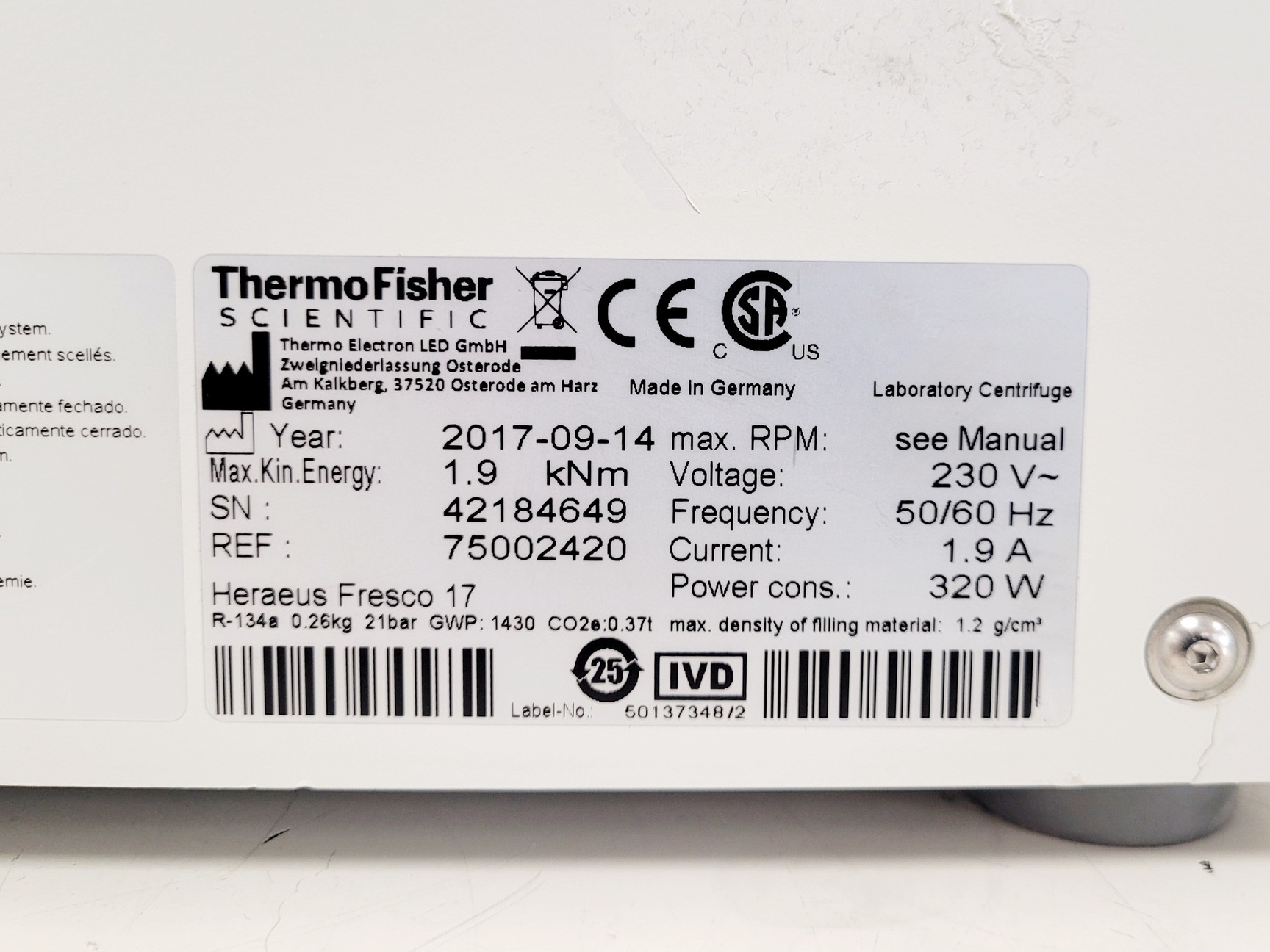 Image of Thermo Fisher Scientific Fresco 21 Microcentrifuge w/ 75003424 Rotor 14800RPM