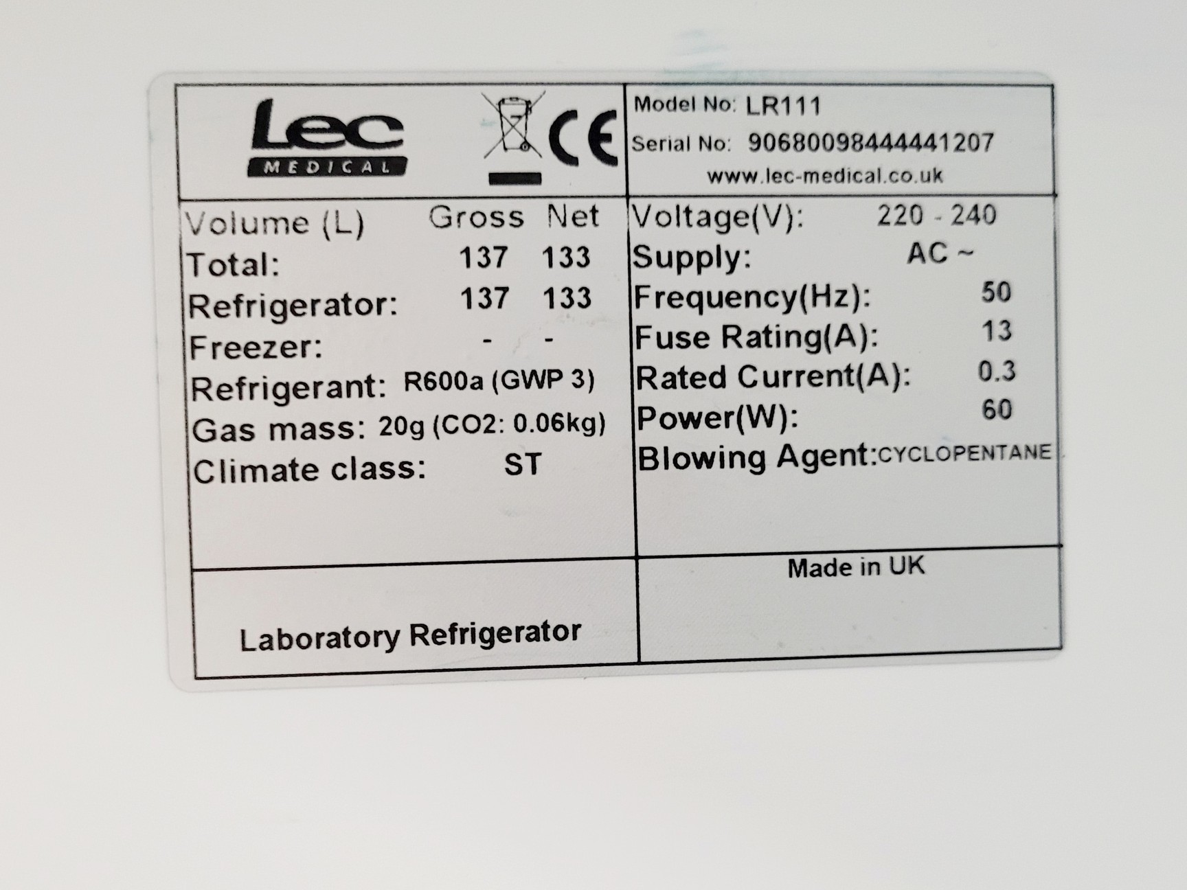 Image of Lec Medical LR111 Laboratory Refrigerator
