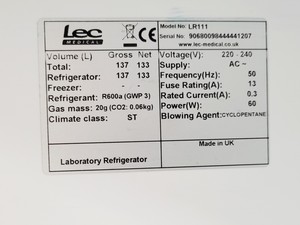 Thumbnail image of Lec Medical LR111 Laboratory Refrigerator