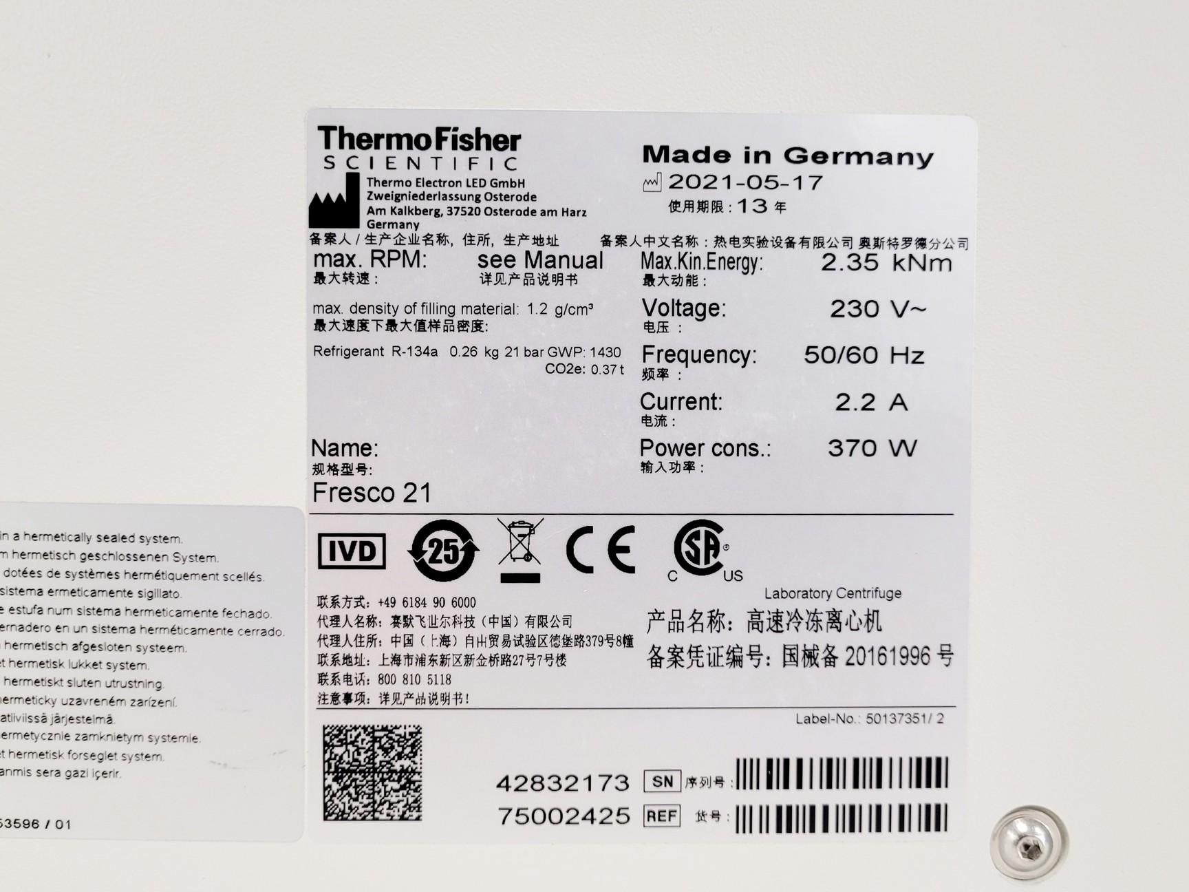 Image of Thermo Scientific Fresco 21 Centrifuge w/ 75003410 Rotor 14800 RPM