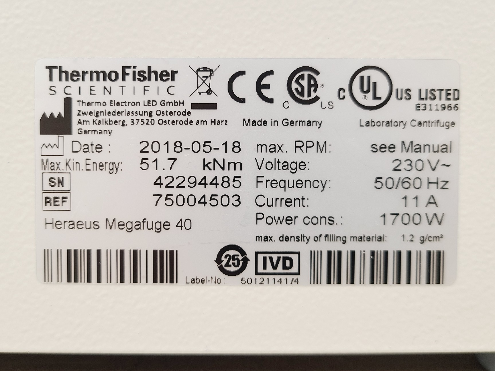 Image of Thermo Scientific Heraeus Megafuge 40 Centrifuge w/ 75003017 Rotor 4200RPM 