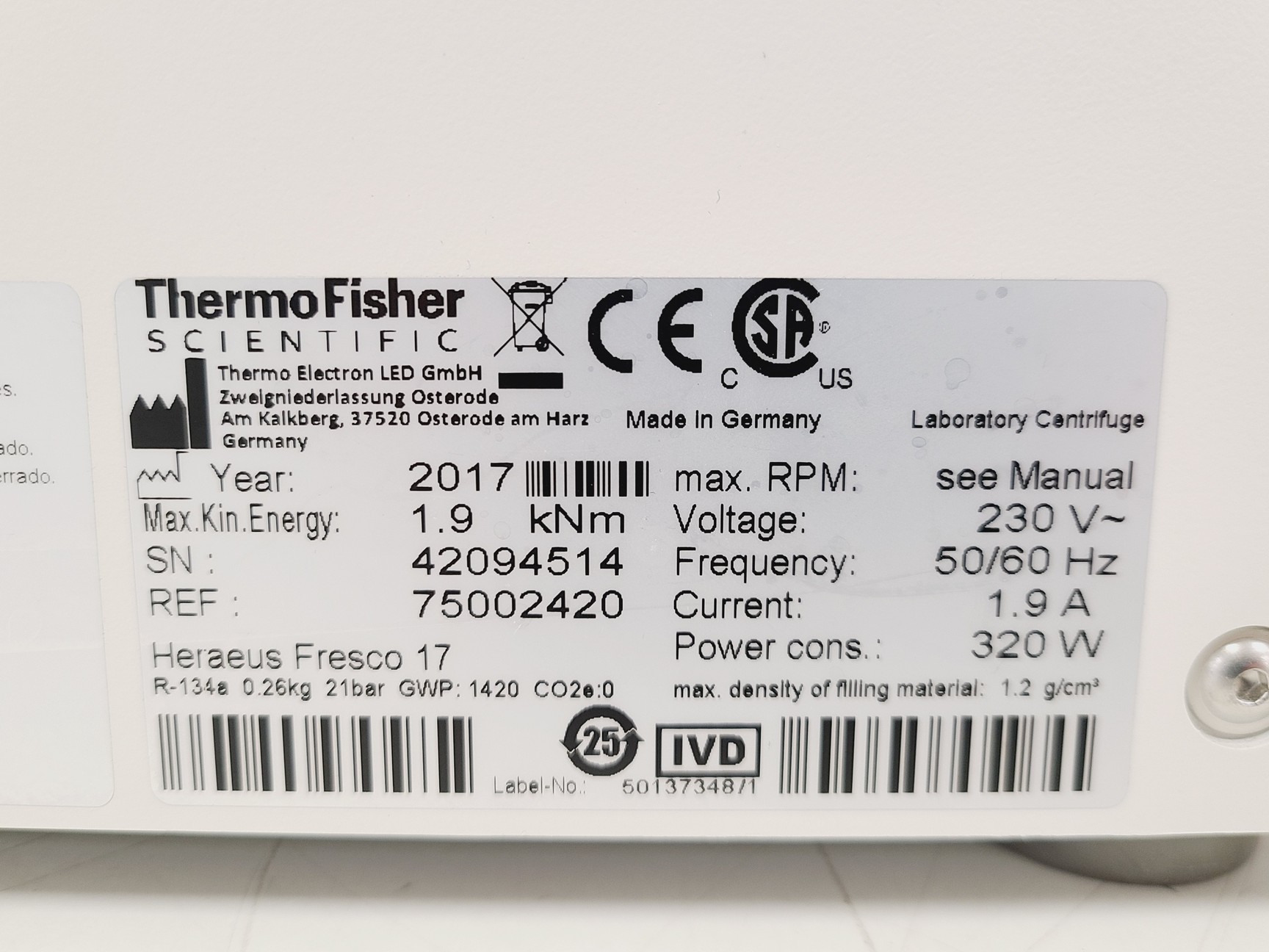 Image of Thermo Scientific Heraeus Fresco 17 Centrifuge w/ 75003410 Rotor 14800RPM